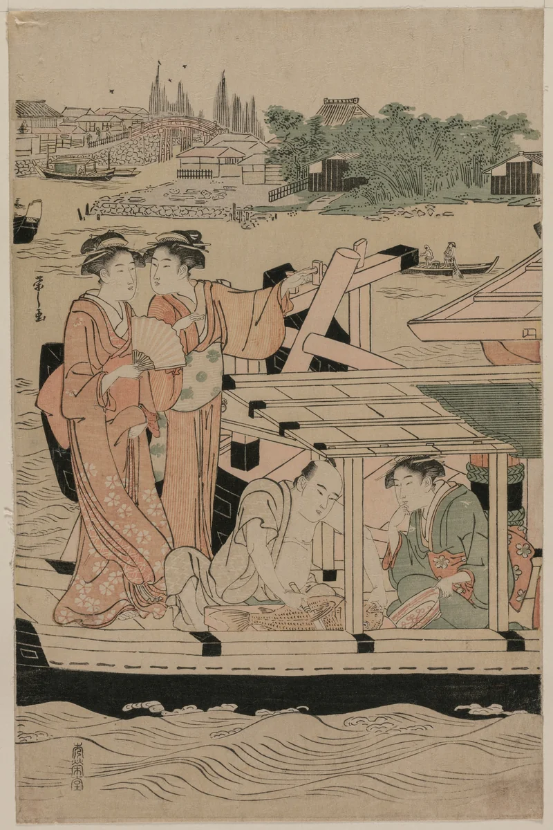 Leftmost Print from Pleasure Boats on the Sumida River beneath Shin-Ōhashi Bridge by Chōbunsai Eishi (鳥文斎栄之), print, 1792