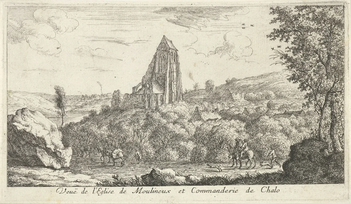 Gezicht op de kerk van Moulineux by Albert Flamen, print, 1648-1672