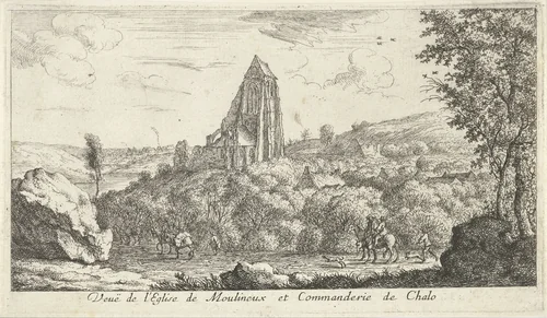 Gezicht op de kerk van Moulineux by Albert Flamen, print, 1648-1672