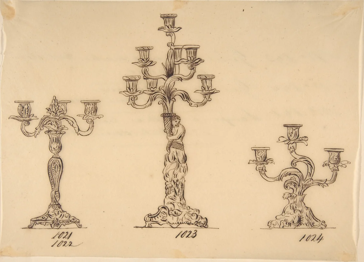 Designs for Three Candelabras by anonymous, drawing, 1800-1899