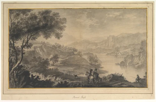 Hilly Landscape with Two Cavaliers and Other Figures in the Foreground by Romolo Panfi, drawing, 1632-1690
