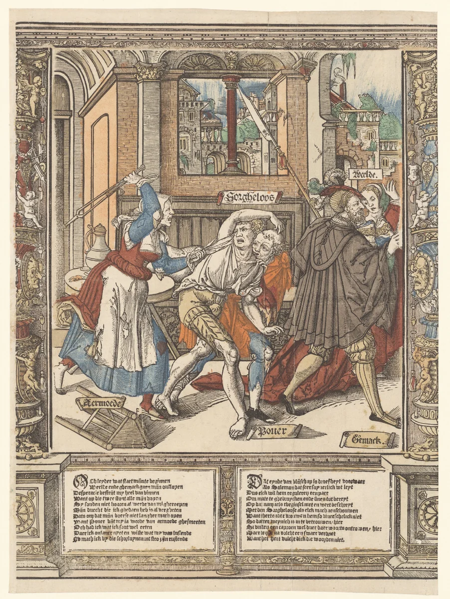 De verdrijving van Sorgheloos by Cornelis Anthonisz, print, 1541