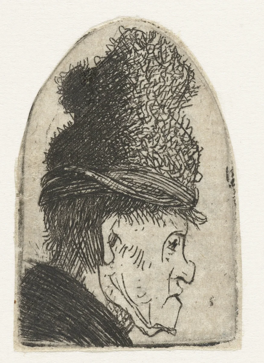 Profiel van een man met hoge muts by Rembrandt van Rijn, print, 1629