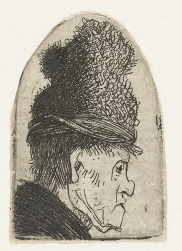 Profiel van een man met hoge muts by Rembrandt van Rijn, print, 1629