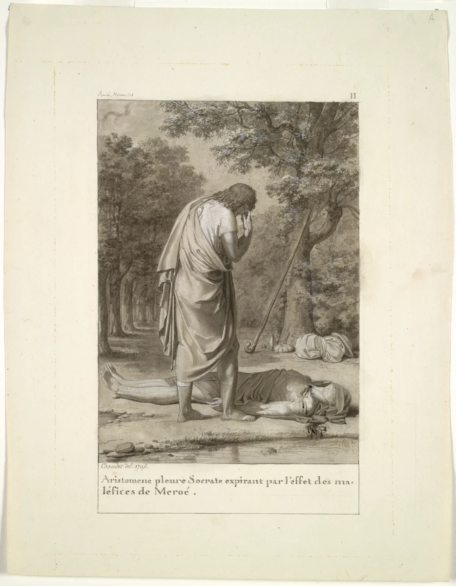 Aristomenes Mourning the Death of Socrates from the Bewitchment of Meroë (from Book 1 of Apuleius, "The Golden Ass") by Antoine-Denis Chaudet, drawing, 1795