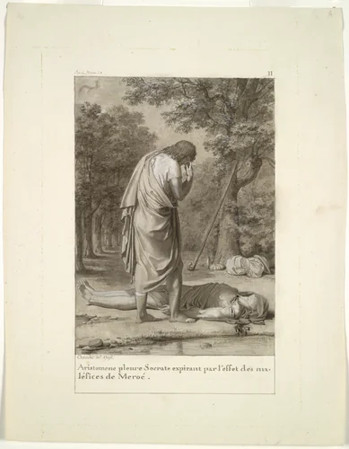 Aristomenes Mourning the Death of Socrates from the Bewitchment of Meroë (from Book 1 of Apuleius, "The Golden Ass") by Antoine-Denis Chaudet, drawing, 1795