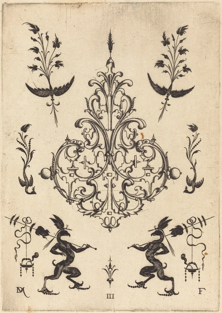 Brooch with Sprigs at Top and Griffins with Trophies at Bottom by Daniel Mignot, print, 1596