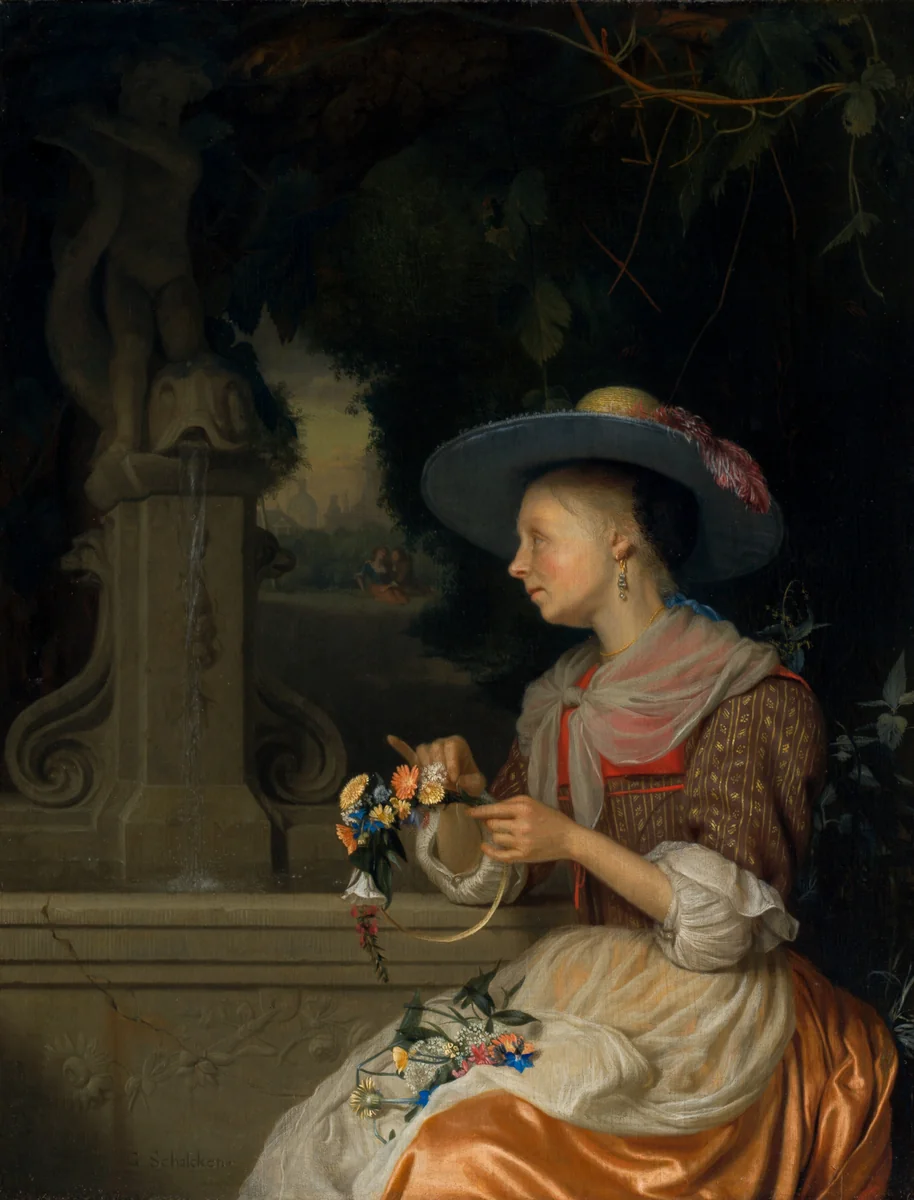 Woman Weaving a Crown of Flowers by Godefridus Schalcken, painting, 1675-1680