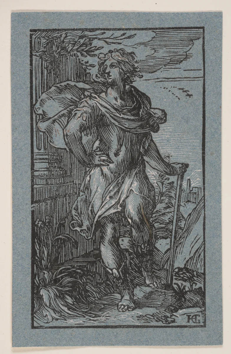 Standing Young Man with a Cane by Hendrick Goltzius, print, 1596-1600