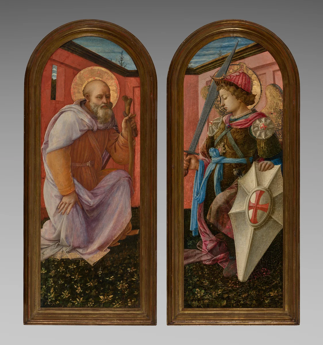 Pair of Panels from a Triptych: The Archangel Michael and St. Anthony Abbot by Fra Filippo Lippi, painting, 1458