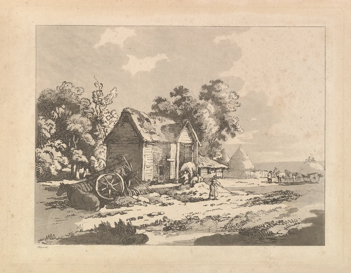 Landscape with Figures Storing Hay in a Barn, a Cart and Horse Lying Down at Left by Thomas Rowlandson, print, 1783-1784