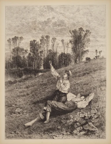 Untitled (Boys Flying a Kite) by Albert Fitch Bellows, print, 1875