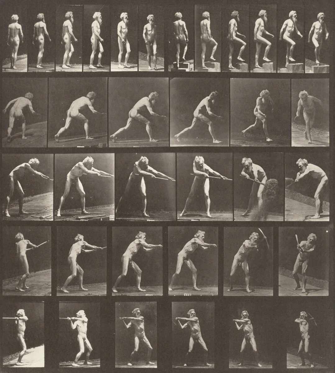 Plate Number 521. A: Walking. B: Ascending a step. C: Throwing the disk. D: Using a shovel. E, F: Using a pick by Eadweard Muybridge, photograph, 1887