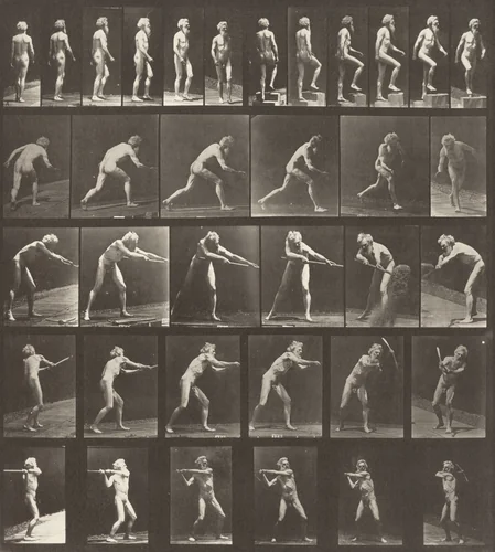 Plate Number 521. A: Walking. B: Ascending a step. C: Throwing the disk. D: Using a shovel. E, F: Using a pick by Eadweard Muybridge, photograph, 1887