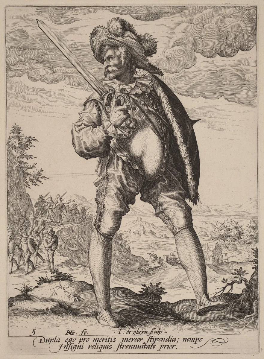 Soldier Armed with Broadsword and Shield by Jacques de Gheyn II, portfolio, 1587