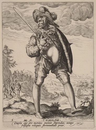 Soldier Armed with Broadsword and Shield by Jacques de Gheyn II, portfolio, 1587