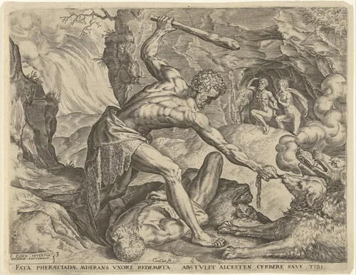 Hercules sleept Cerberus de hel uit by Unknown, print, 1563-1595