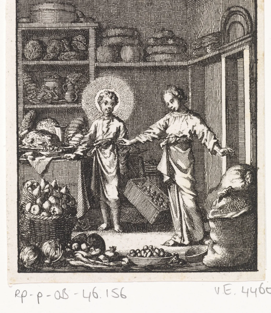 Christus en de gepersonifieerde ziel in een voorraadkelder by Jan Luyken, print, 1714