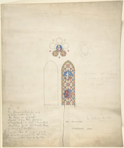 Design for stained glass windows in Ditteridge Church by Edward William Godwin, drawing, 1854-1864