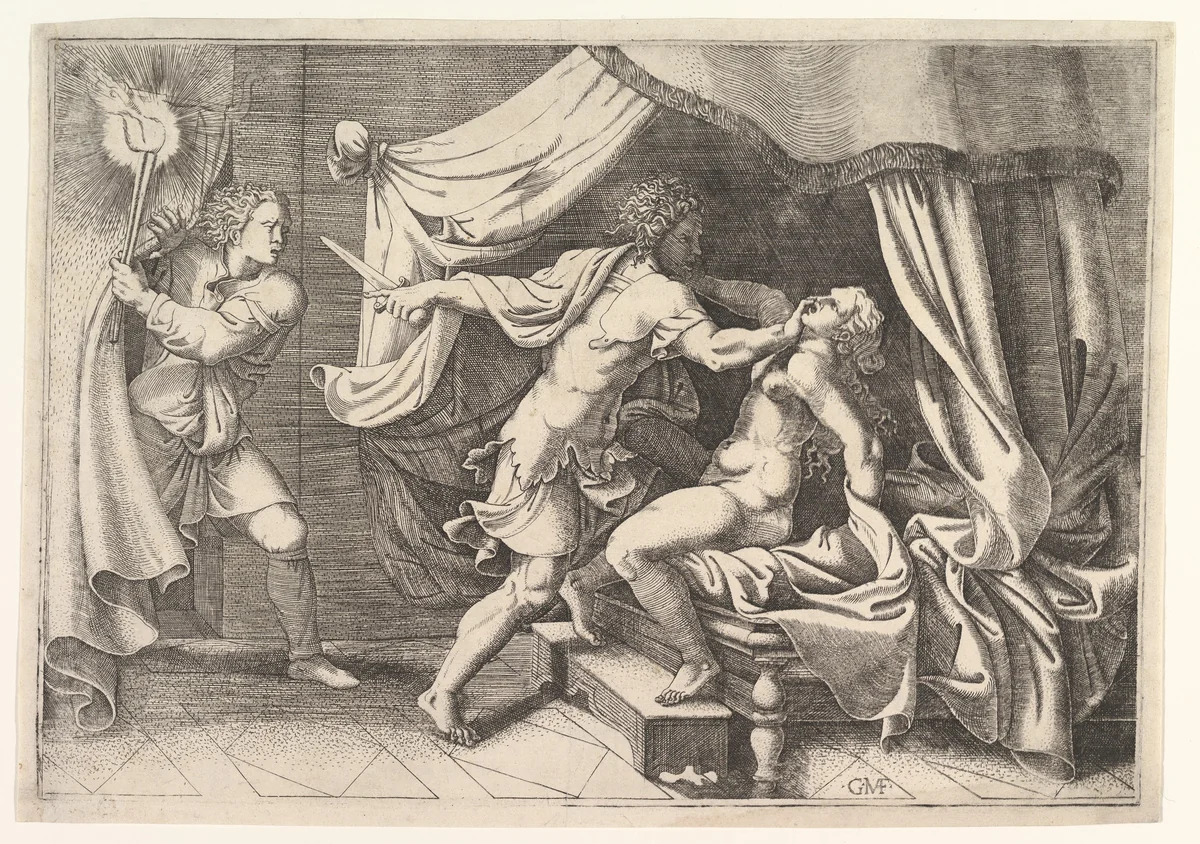 Tarquin attacking Lucretia, a servant at left witnessing the scene by Giorgio Ghisi, print, 1520-1582