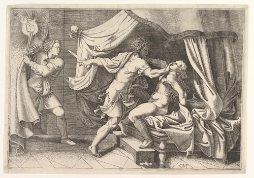 Tarquin attacking Lucretia, a servant at left witnessing the scene by Giorgio Ghisi, print, 1520-1582