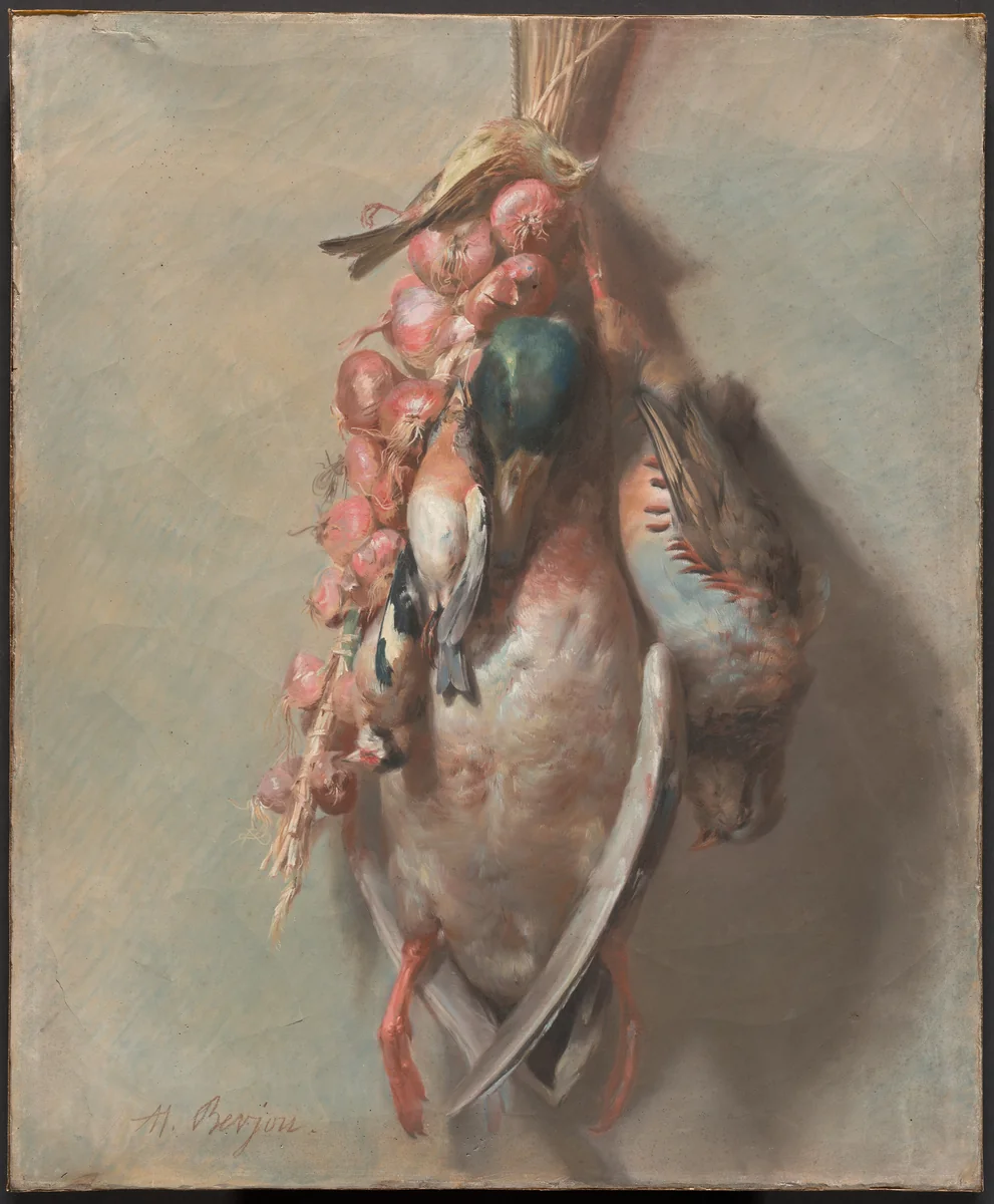 Hunting Trophy with Mallard, Partridge, Goldfinches, and Onions by Antoine Berjon, drawing, 1805-1815