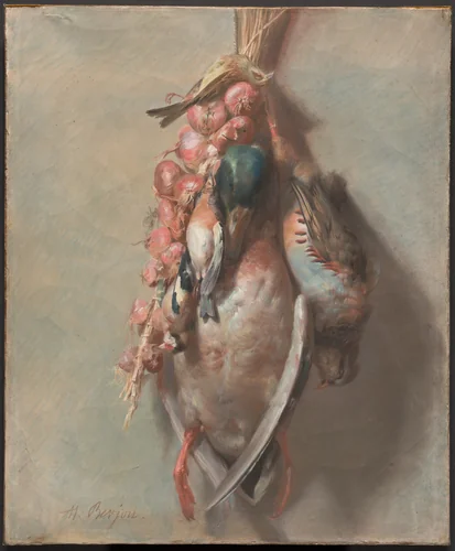 Hunting Trophy with Mallard, Partridge, Goldfinches, and Onions by Antoine Berjon, drawing, 1805-1815