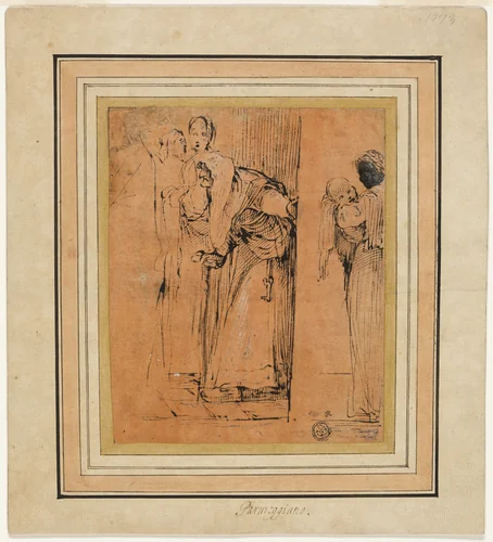 Old Woman with Cane in Door, with Black Maid Holding Child, and Other Figures by Francesco Mazzola, drawing, 1578-1582