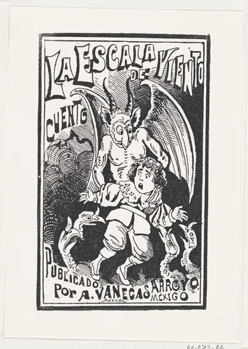 A demon holding a young boy by his shoulders over a group of vultures, illustration for 'La Escala de Viento' by José Guadalupe Posada, print, 1875-1885