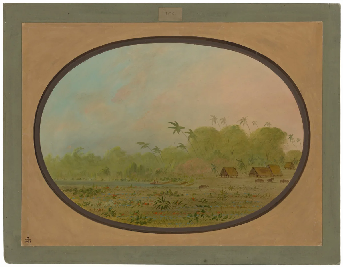 A Small Village of Remos Indians by George Catlin, painting, 1854-1869