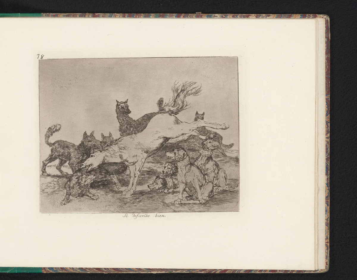 Paard trapt en bijt een bedreigende groep honden by Francisco de Goya, book, 1810-1820