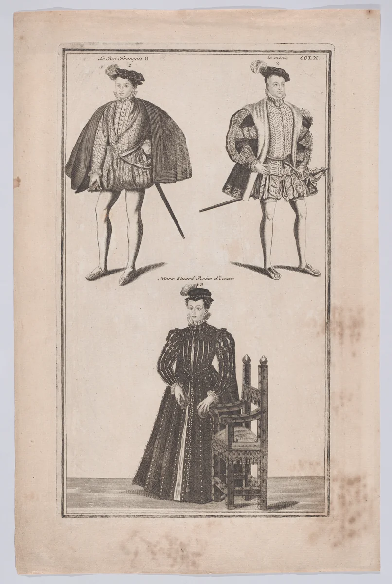 Mary, Queen of Scots below two portraits of Francis II, King of France in costume by Mary, Queen of Scots, print, 1700-1799