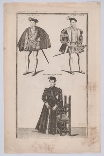 Mary, Queen of Scots below two portraits of Francis II, King of France in costume by Mary, Queen of Scots, print, 1700-1799