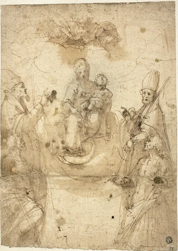 Madonna and Child with Adoring Saints by Guglielmo Caccia, drawing, 1500-1599