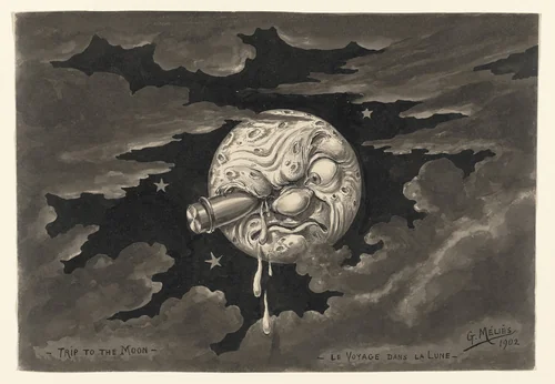 Drawing of Scene 9: Landing Right in the Moon's Eye!!! of the 1902 film A Trip to the Moon (Le Voyage dans la lune) by Georges Méliès, drawing, 1930