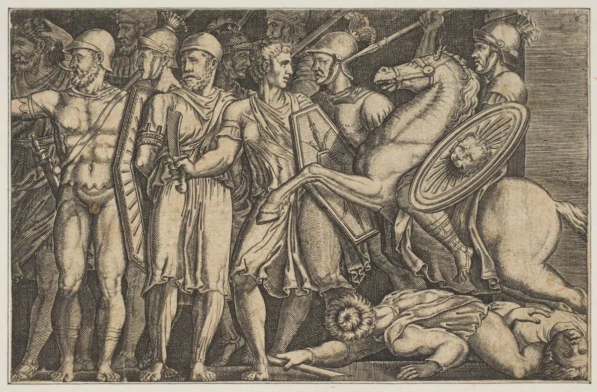 Trajan Fighting the Dacians; Trajan on horseback at right riding towards a group of soldiers at left and trampling two men by anonymous, print, 1515-1600