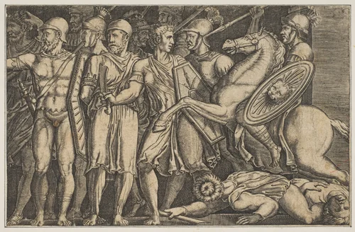 Trajan Fighting the Dacians; Trajan on horseback at right riding towards a group of soldiers at left and trampling two men by anonymous, print, 1515-1600