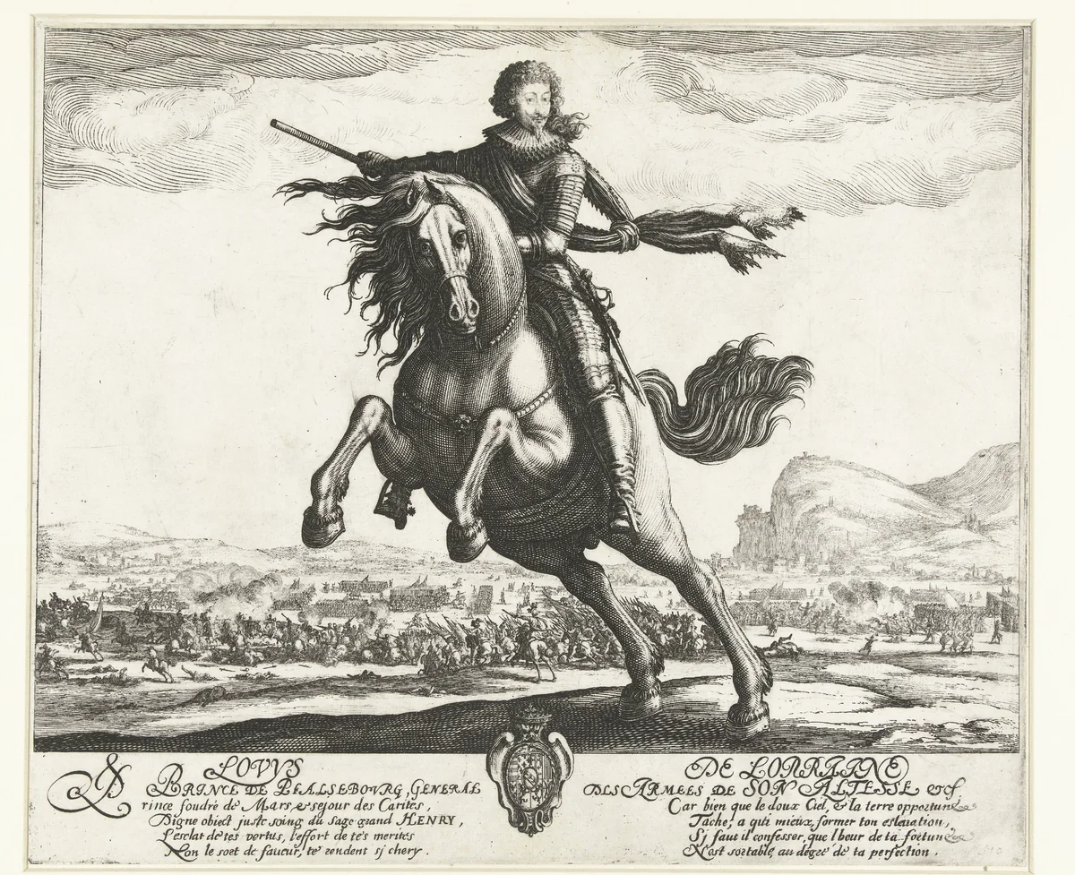 Ruiterportret van Lodewijk de Guise, prins van Phalsbourg by Jacques Callot, print, 1621-1624