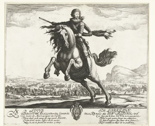 Ruiterportret van Lodewijk de Guise, prins van Phalsbourg by Jacques Callot, print, 1621-1624
