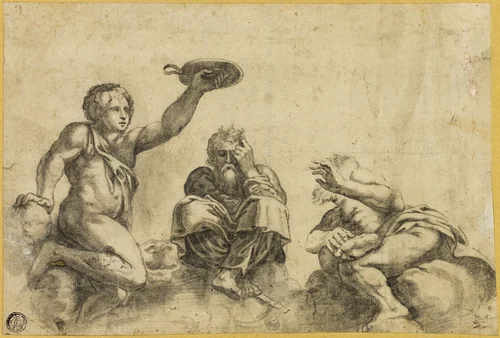 Time Seated on Clouds, Flanked by Two Other Angels by Giulio Romano, drawing, 1519-1546