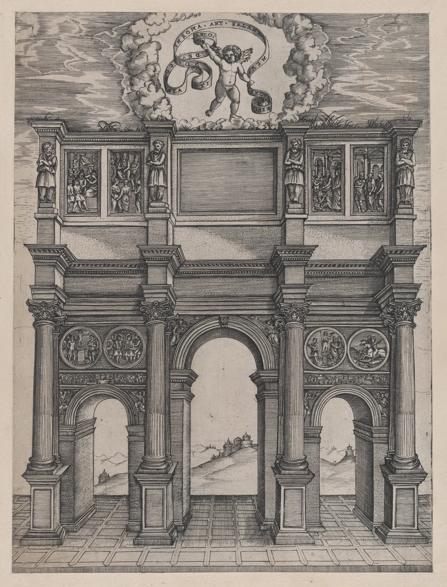 The Arch of Constantine, Rome, from "Speculum Romanae Magnificentiae" by Agostino Veneziano, print, 1514-1536