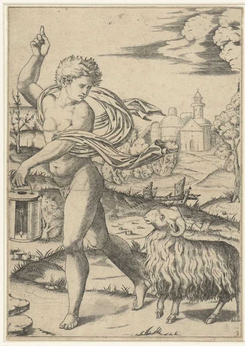 Jongeman met lantaarn en ram (Ariës) als teken van dierenriem by Marcantonio Raimondi, print, 1507-1511