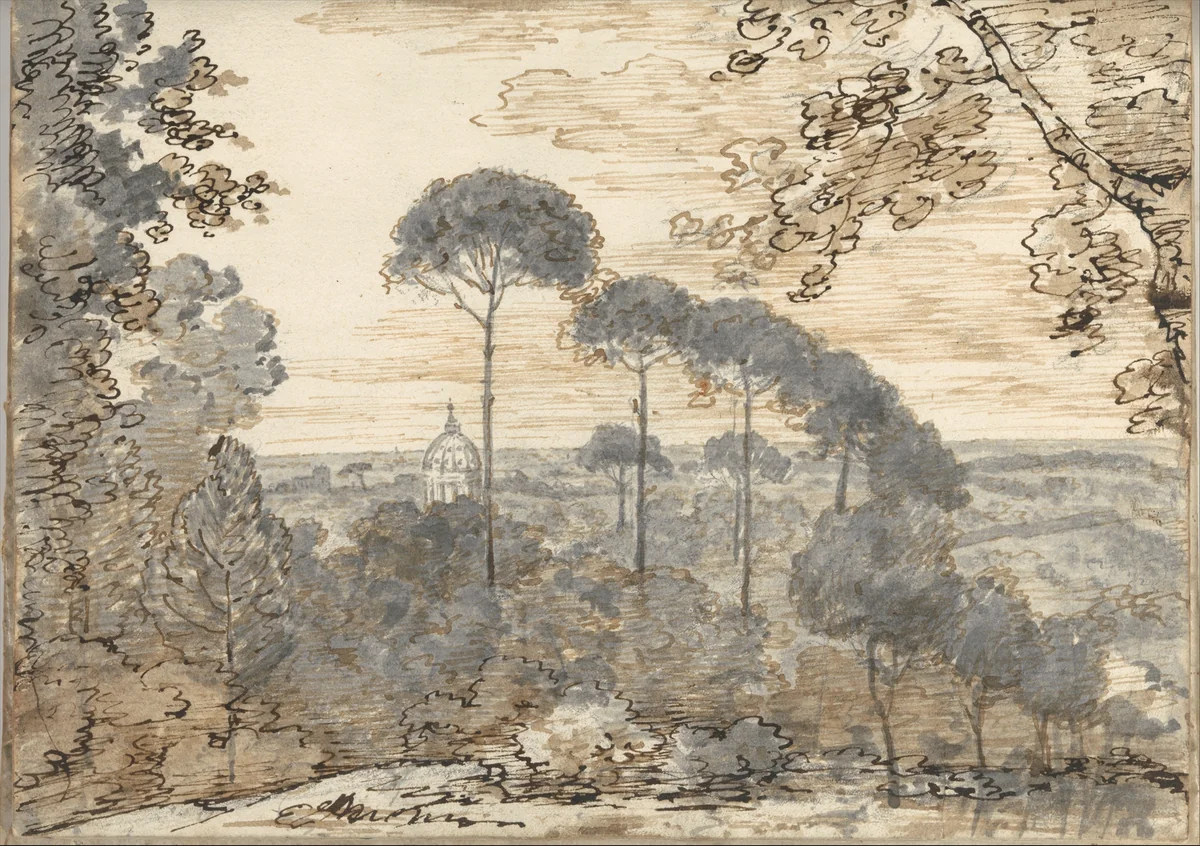 Landscape with a domed church, near Rome (Smaller Italian sketchbook, leaf 38 recto) by Joseph Wright, drawing, 1774-1775