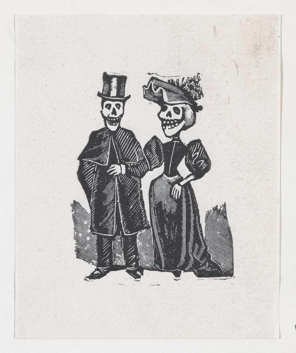 Two elegantly dressed skeletons walking, from a broadside entitled, 'El Gran Panteon Amoroso,' published by Antonio Vanegas Arroyo. by José Guadalupe Posada, print, 1889-1899