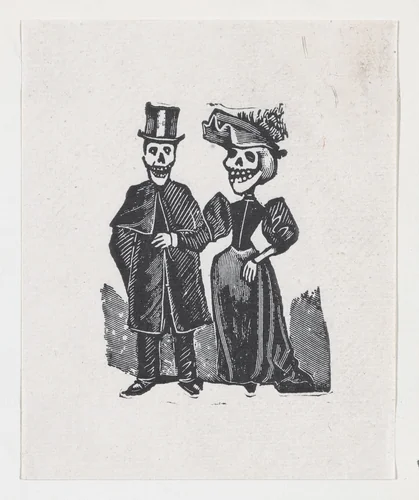 Two elegantly dressed skeletons walking, from a broadside entitled, 'El Gran Panteon Amoroso,' published by Antonio Vanegas Arroyo. by José Guadalupe Posada, print, 1889-1899