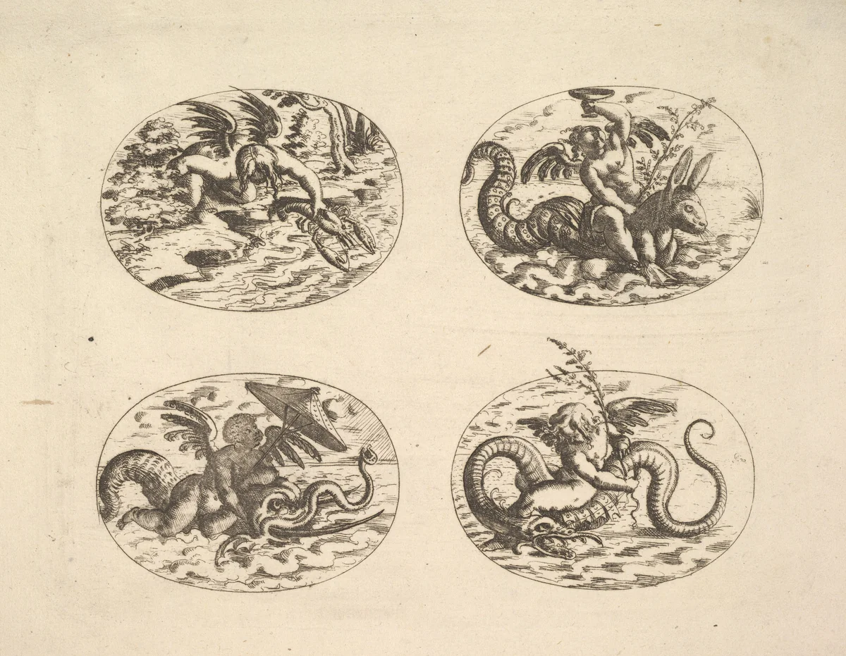 Putti with Sea Monsters, from "Neue Grotessken Buch" by Christoph Jamnitzer, print, 1610
