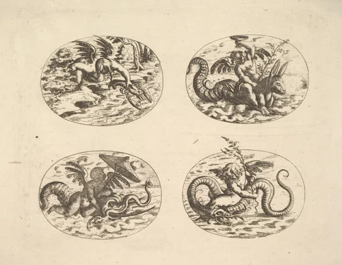 Putti with Sea Monsters, from "Neue Grotessken Buch" by Christoph Jamnitzer, print, 1610