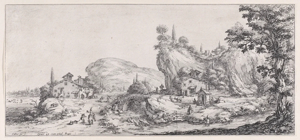 Le Retour de la Chasse (The Return of the Hunt), from "Paysages Gravés pour Jean de Médicis appelées aussi Paysages Dessinés a Florence, Vues de Florence, Paysages d'Italie, et Paysages Définitifs" (Landscapes Engraved for Giovanni de'Medici, Landscapes Designed in Florence, Views of Florence, Landscapes of Italy, and Definitive Landscapes) by Jacques Callot, print, 1613-1623