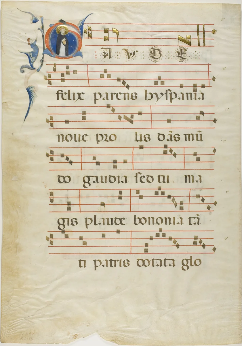 Saint Dominic in a Historiated Initial "G" from an Antiphonary by Neri da Rimini, painting, 1310-1315