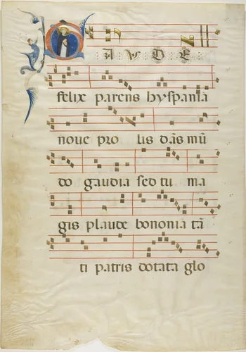 Saint Dominic in a Historiated Initial "G" from an Antiphonary by Neri da Rimini, painting, 1310-1315